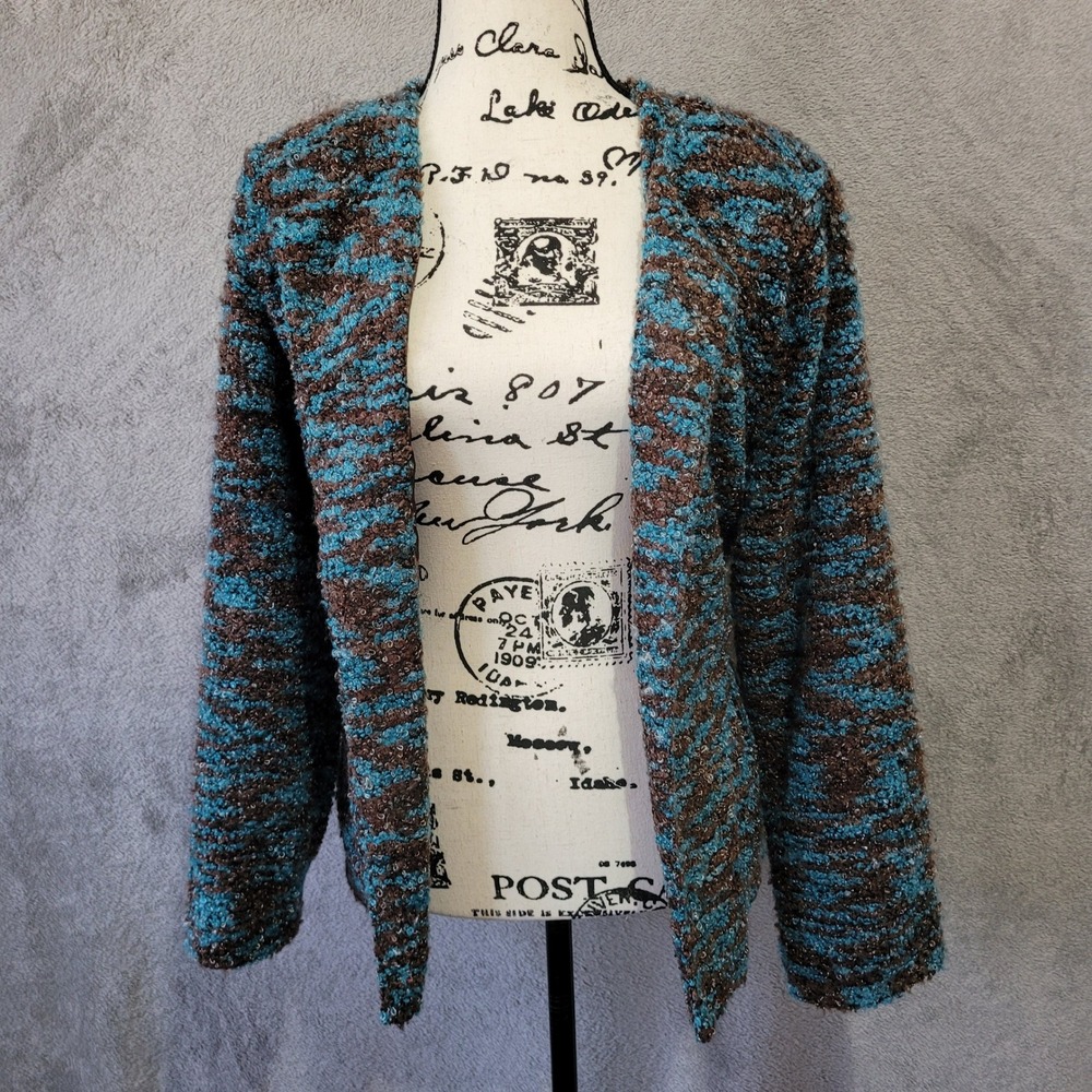 Vintage Y2K tie front sweater blazer brown & blue mottled textured knit fabric - Picture 4 of 16